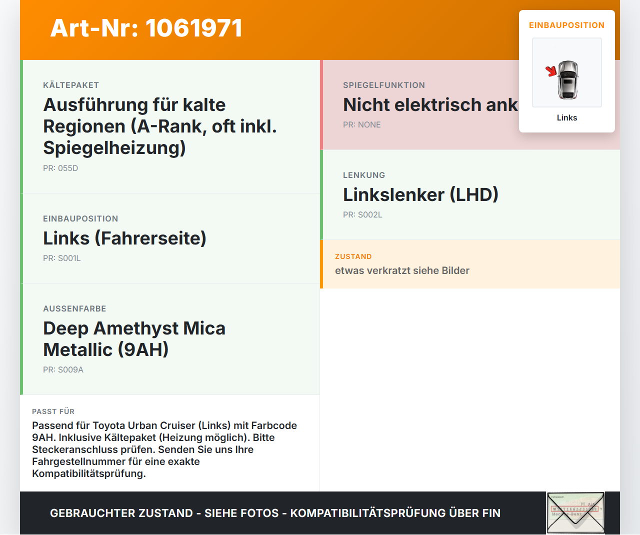 Toyota Urban Cruiser P1 09-14 Spiegel Aussenspiegel Links 9AH Toyota Urban Cruiser P1 09-14 21.07.2009 8794052B10... Vorschau 3