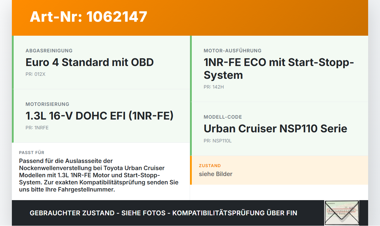 Toyota Urban Cruiser P1 09-14 1,3 74KW 1NRFE Nockenwellenverstellung Verstellung für Nockenwelle Aussen Toyota... Vorschau 3