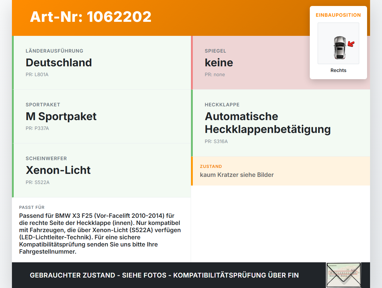 BMW X3 F25 10-14 Rückleuchte Heckleuchte für Klappe Innen Rechts BMW X3 F25 10-14 24.01.2013 7217310 63217217310... Vorschau 3