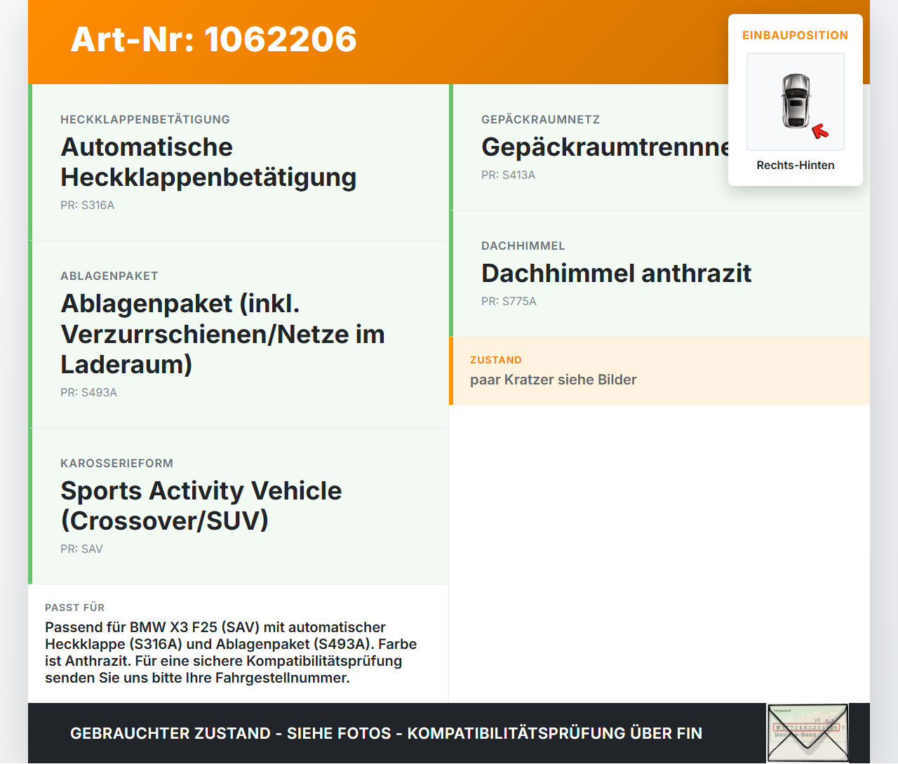 BMW X3 F25 10-14 Laderaumkante Ladekante Verkleidung Rechts Hinten BMW X3 F25 10-14 24.01.2013 51477250960 7250960... Vorschau 3