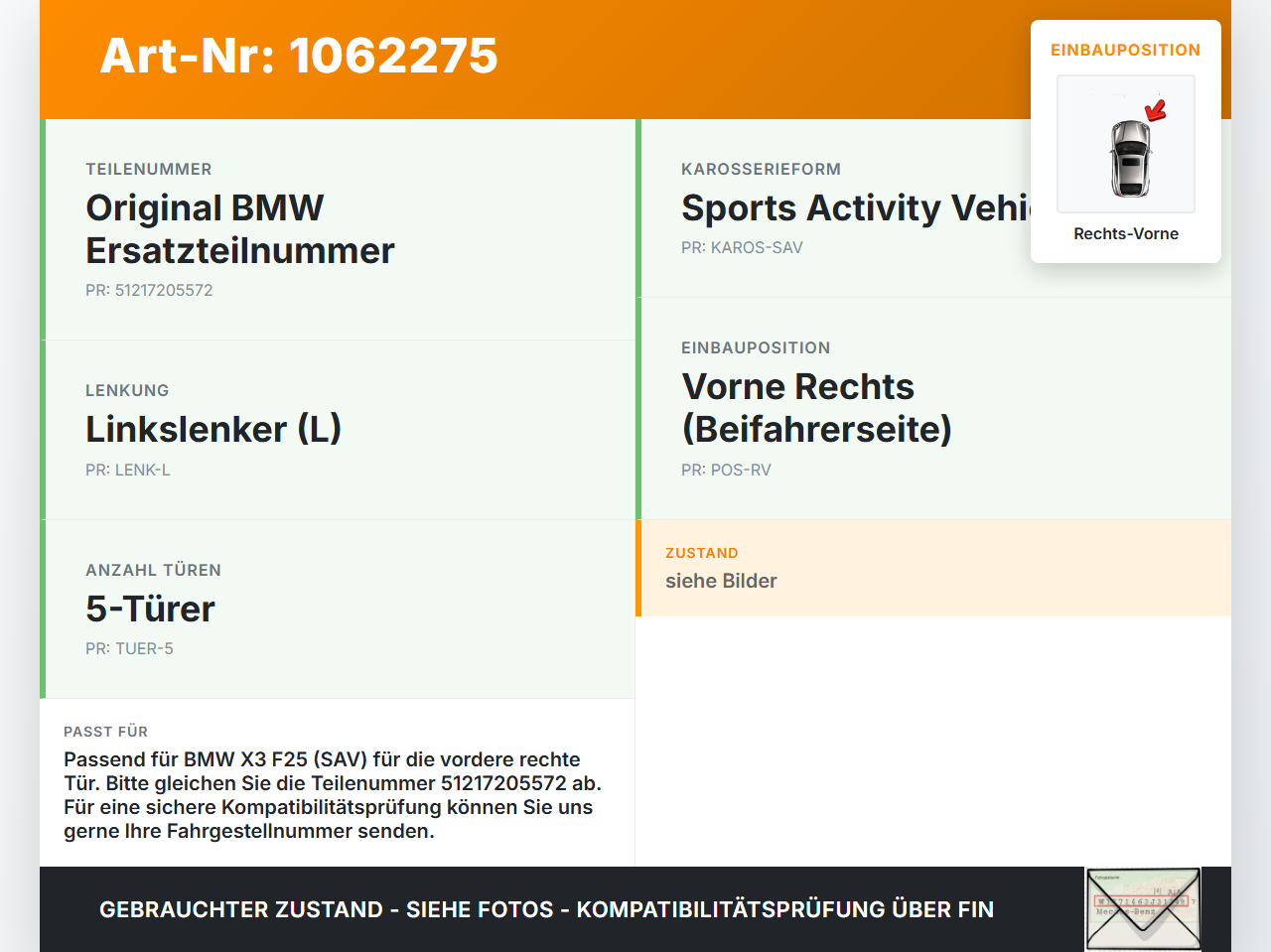 BMW X3 F25 10-14 Türfangband Türbremse Türanschlag Rechts Vorne BMW X3 F25 10-14 24.01.2013 7205572 51217205572... Vorschau 3