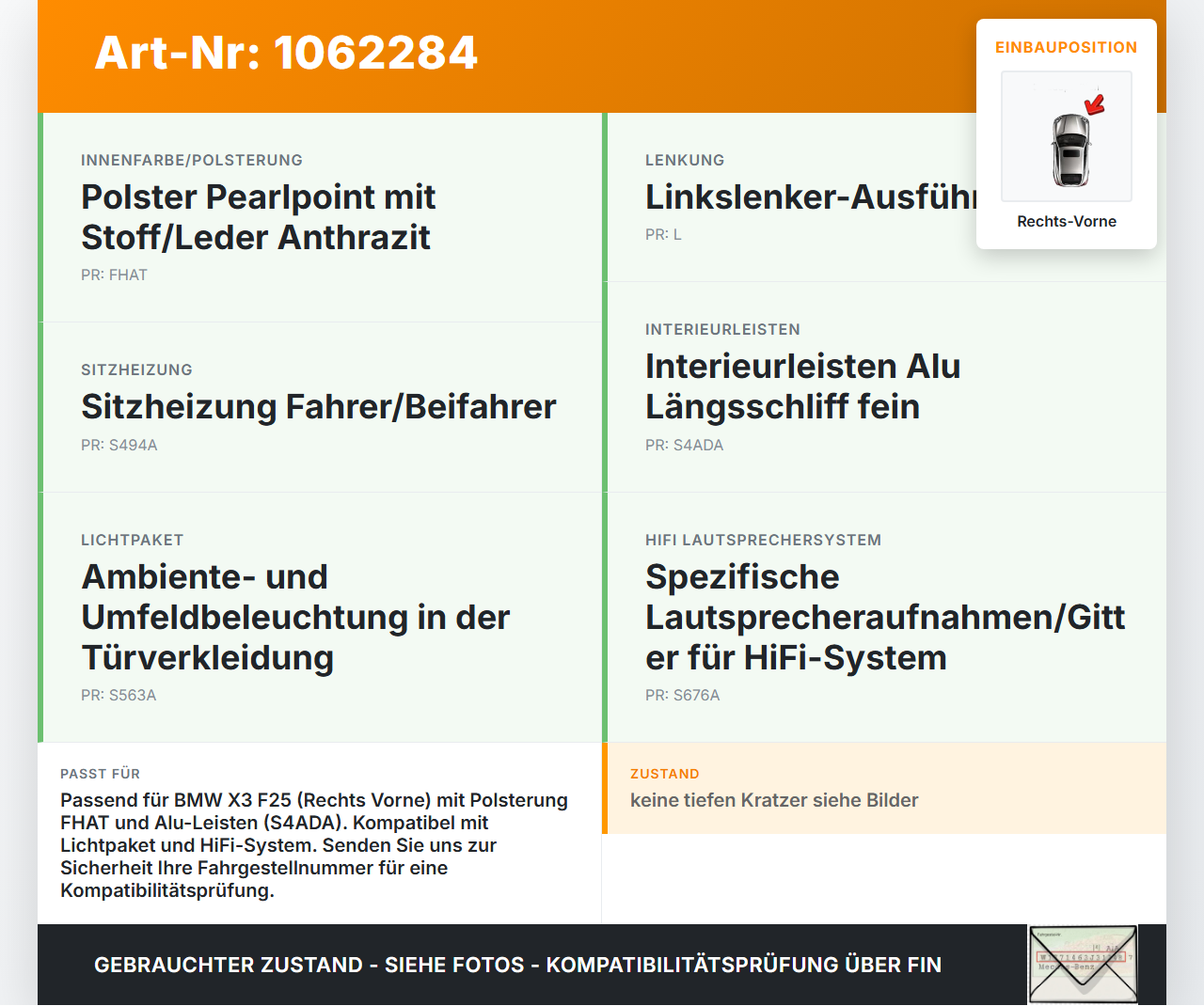 BMW X3 F25 10-14 Türverkleidung Türpappe Rechts Vorne BMW X3 F25 10-14 24.01.2013 7394520 51417394520 2120042 gebraucht Vorschau 3