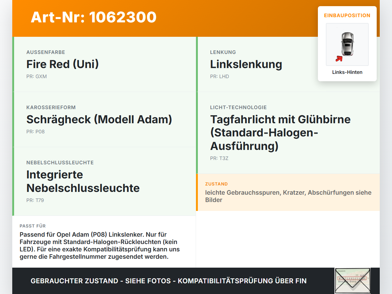 Opel Adam M13 12-19 Rückleuchte Heckleuchte Leuchte Hinten Links Opel Adam M13 12-19 04.10.2013 13354582 366900804... Vorschau 3