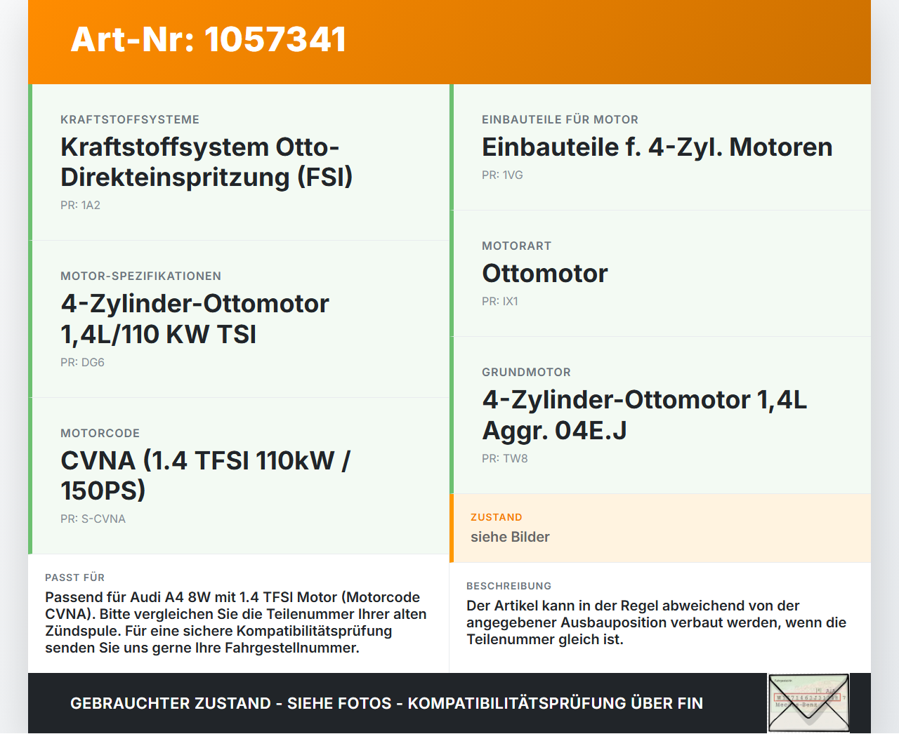 Audi A4 8W B9 15-19 TFSI 1,4 110KW Zündspule Zyl.2 Audi A4 8W B9 15-19 08.08.2017 04E905110K gebraucht Vorschau 3