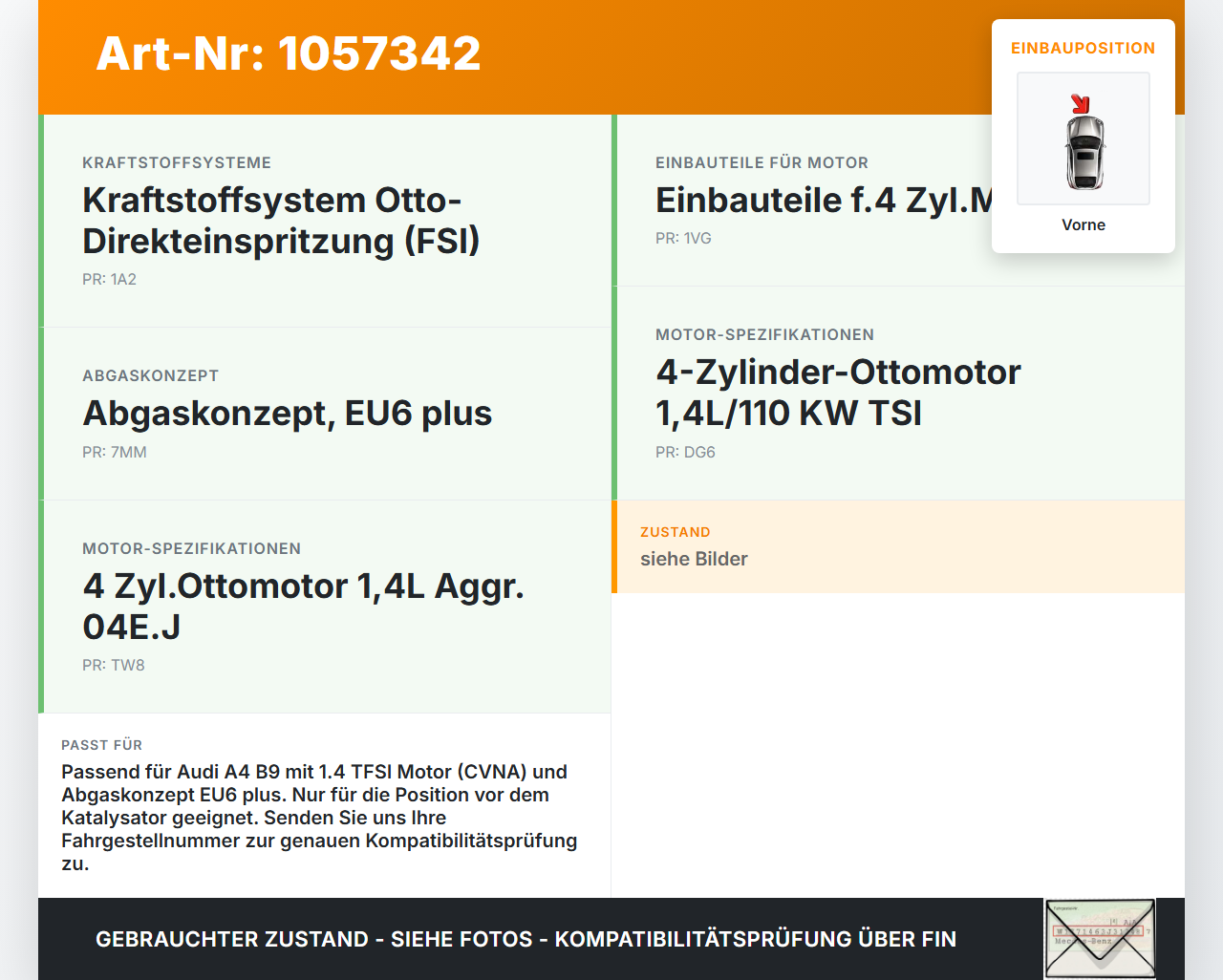 Audi A4 8W B9 15-19 TFSI 1,4 110KW Lambdasonde Vorne Audi A4 8W B9 15-19 08.08.2017 8W0906265 gebraucht Vorschau 3
