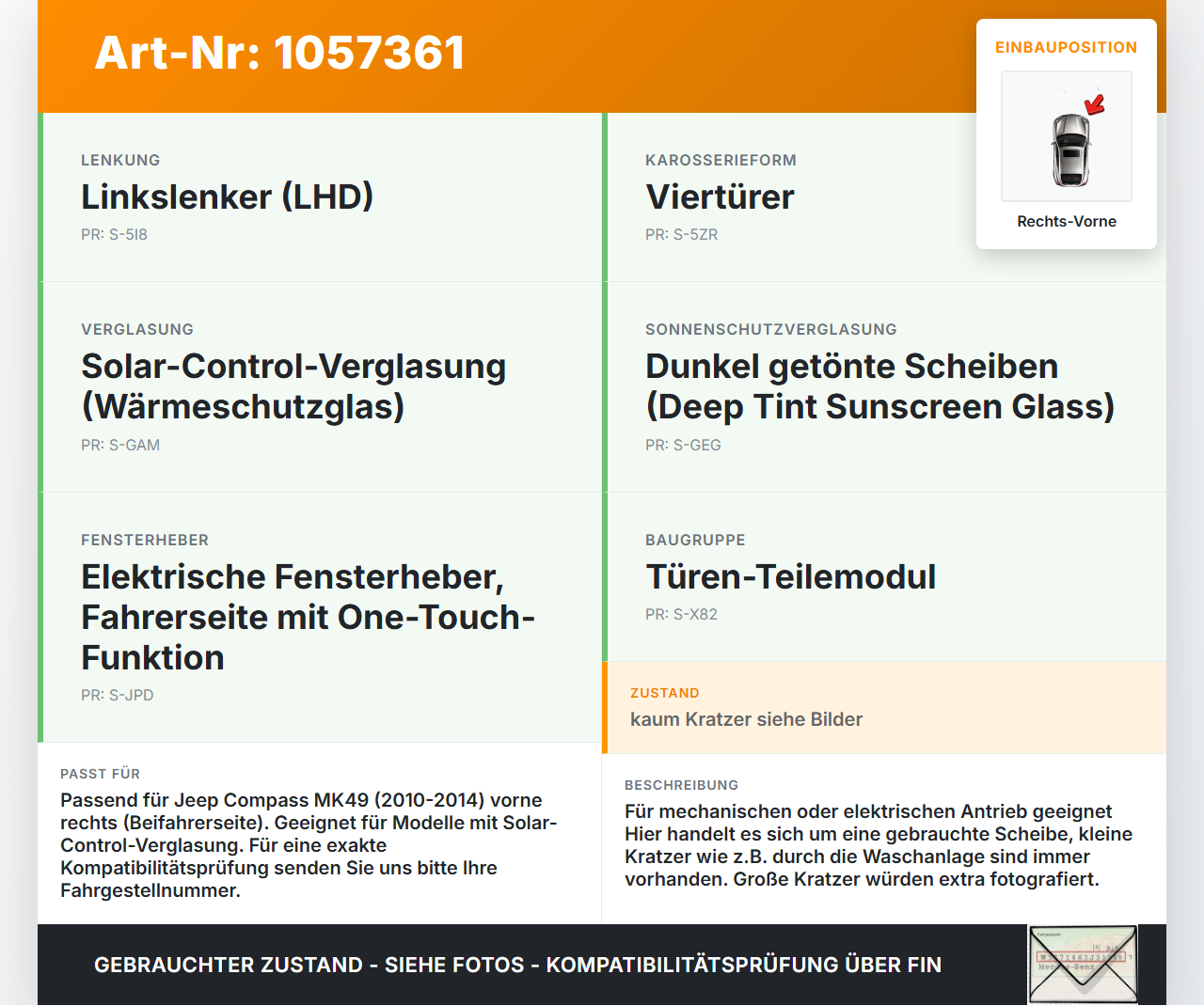 Jeep Compass MK49 10-14 Seitenscheibe RVK Türscheibe Rechts Vorne Jeep Compass MK49 10-14 31.01.2014 gebraucht Vorschau 3