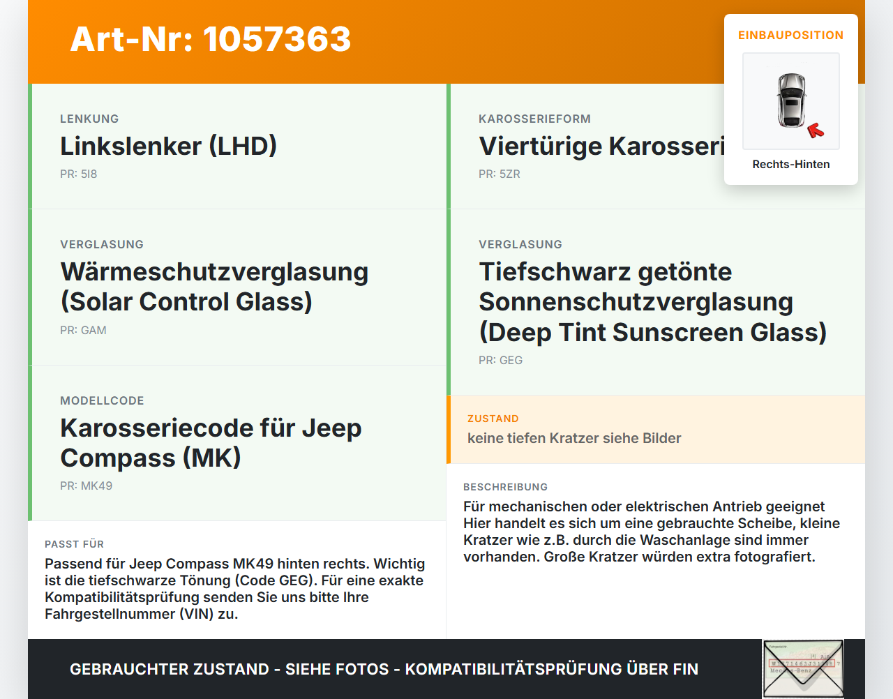 Jeep Compass MK49 10-14 Seitenscheibe RHK Türscheibe Rechts Hinten Orig. getönt Jeep Compass MK49 10-14 31.01.2014... Vorschau 3