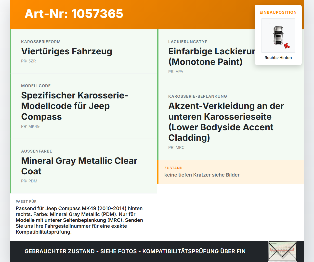 Jeep Compass MK49 10-14 Türleiste Beplankung Außen Rechts Hinten PDM Jeep Compass MK49 10-14 31.01.2014 gebraucht Vorschau 3