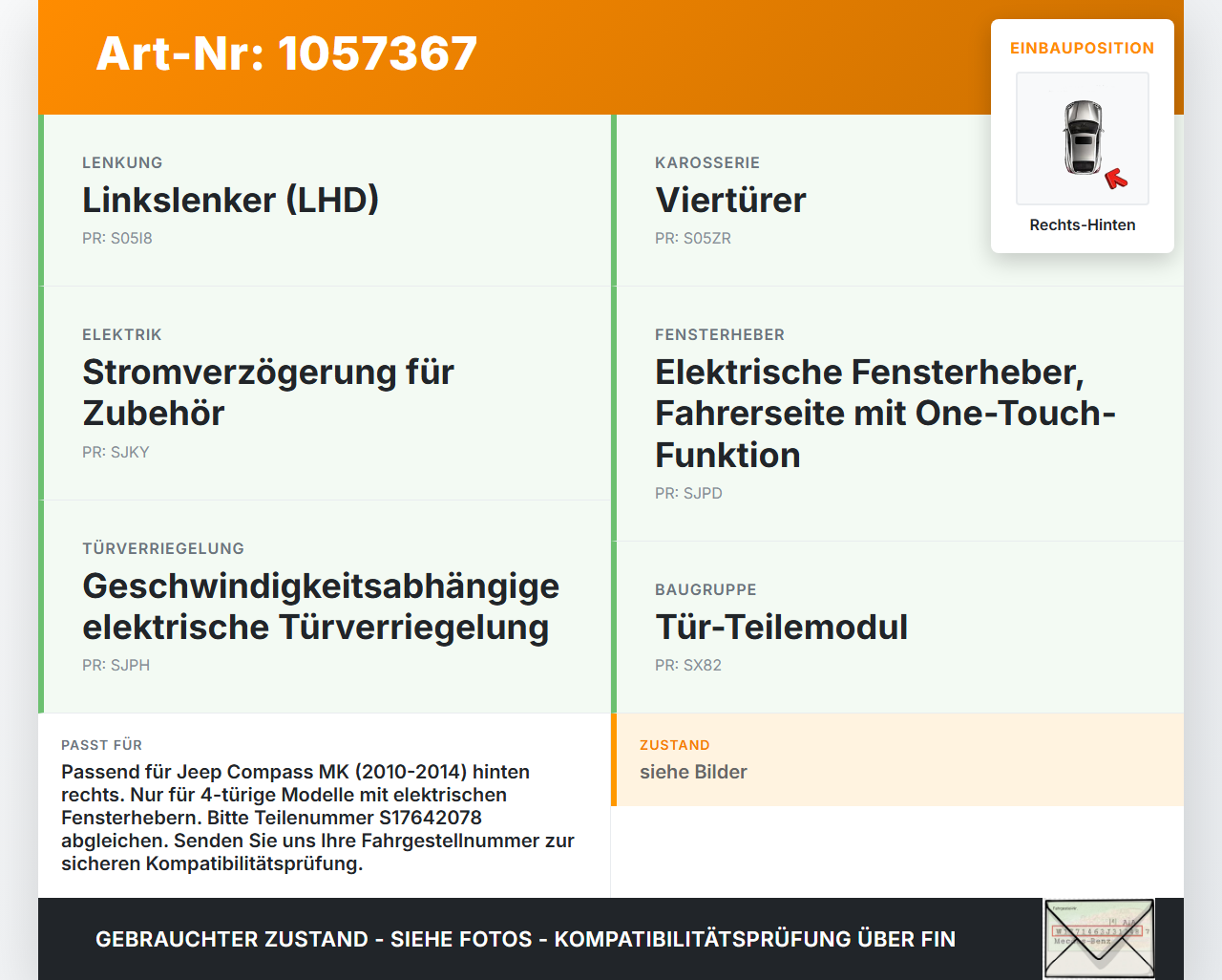 Jeep Compass MK49 10-14 Fensterhebermotor mit Fensterheber Rechts Hinten Jeep Compass MK49 10-14 31.01.2014... Vorschau 3