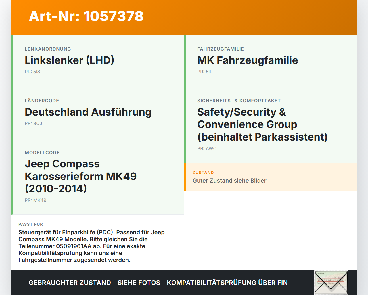 Jeep Compass MK49 10-14 Steuergerät ECU Modul  Einparkhilfe PDC SG Jeep Compass MK49 10-14 31.01.2014 05091961AA... Vorschau 3