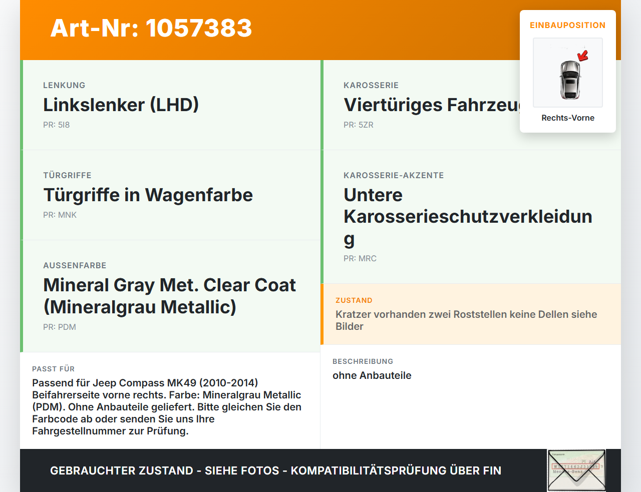 Jeep Compass MK49 10-14 Tür Beifahrertür Rechts Vorne PDM Jeep Compass MK49 10-14 31.01.2014 gebraucht Vorschau 3