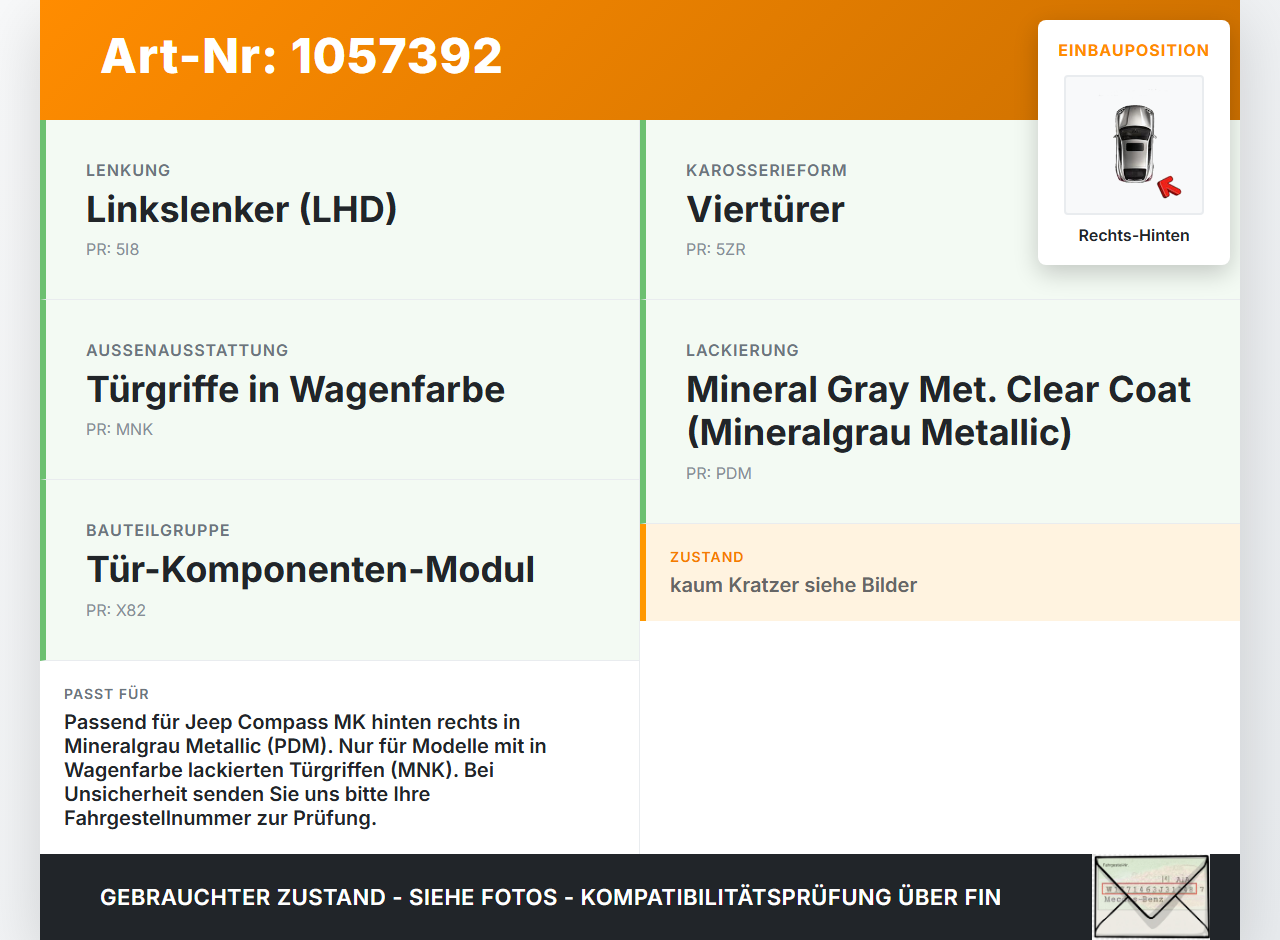 Jeep Compass MK49 10-14 Türgriff Griff aussen Rechts Hinten PDM Jeep Compass MK49 10-14 31.01.2014 gebraucht Vorschau 3
