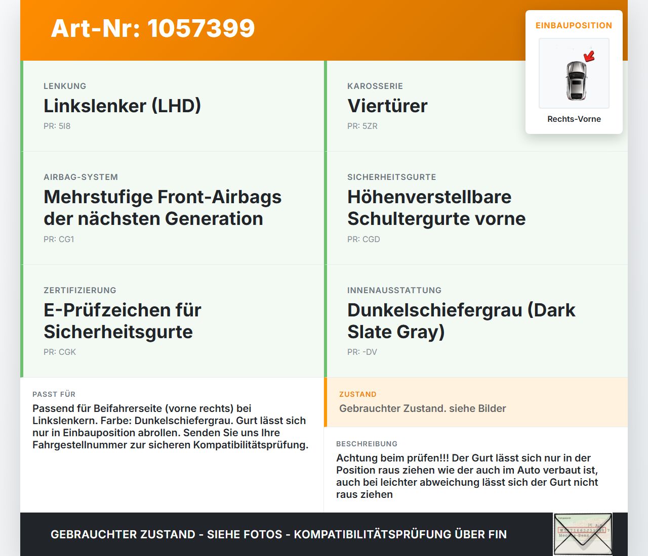 Jeep Compass MK49 10-14 Gurt Sicherheitsgurt Gurtstraffer für Beifahrer Rechts Vorne Jeep Compass MK49 10-14... Vorschau 3