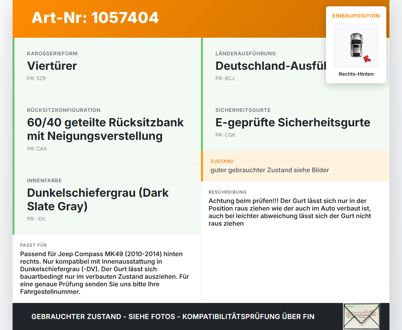 Jeep Compass MK49 10-14 Gurt Sicherheitsgurt Rechts Hinten Jeep Compass MK49 10-14 31.01.2014 P1GE74XDVAB... Vorschau 3
