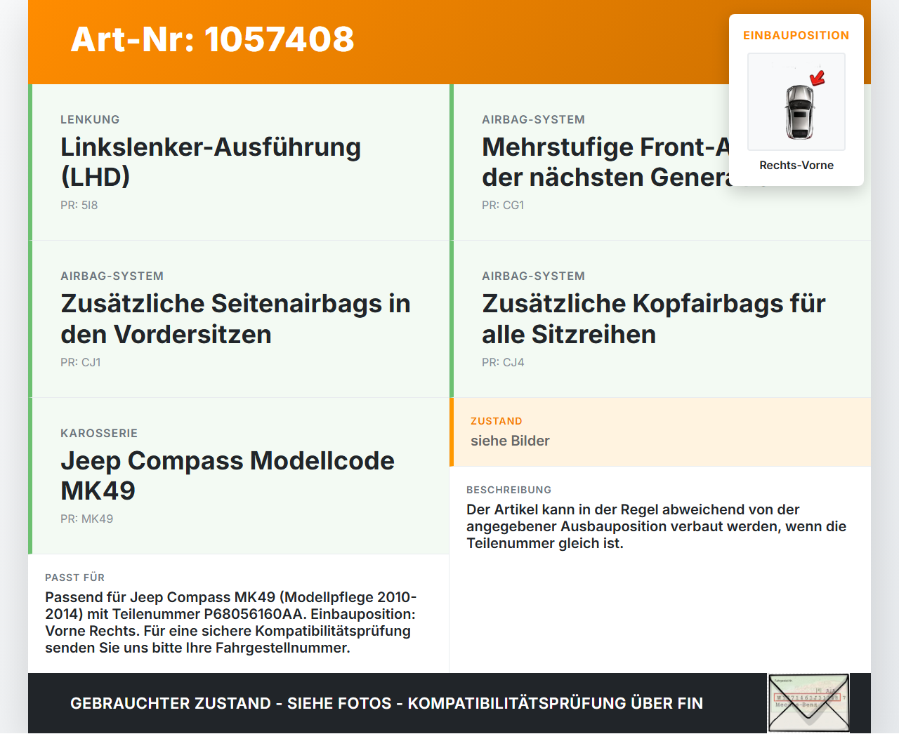 Jeep Compass MK49 10-14 Airbagsensor Crashsensor Rechts Vorne Jeep Compass MK49 10-14 31.01.2014 P68056160AA gebraucht Vorschau 3