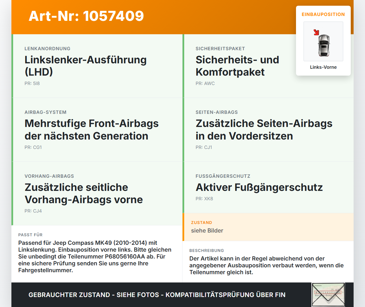 Jeep Compass MK49 10-14 Airbagsensor Crashsensor Links Vorne Jeep Compass MK49 10-14 31.01.2014 P68056160AA gebraucht Vorschau 3