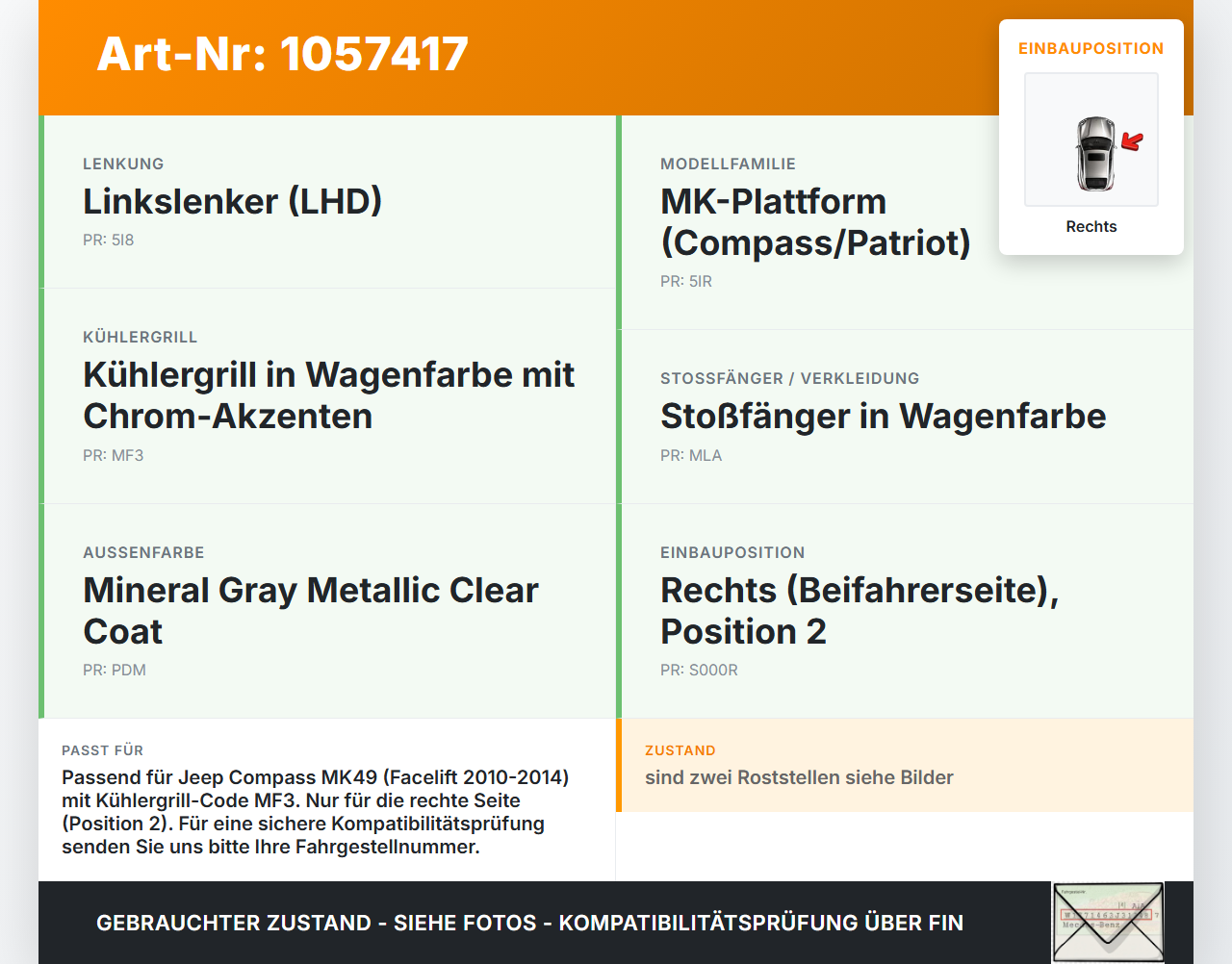 Jeep Compass MK49 10-14 Blende Aussen Rechts Pos.2 für Grill Jeep Compass MK49 10-14 31.01.2014 gebraucht Vorschau 3