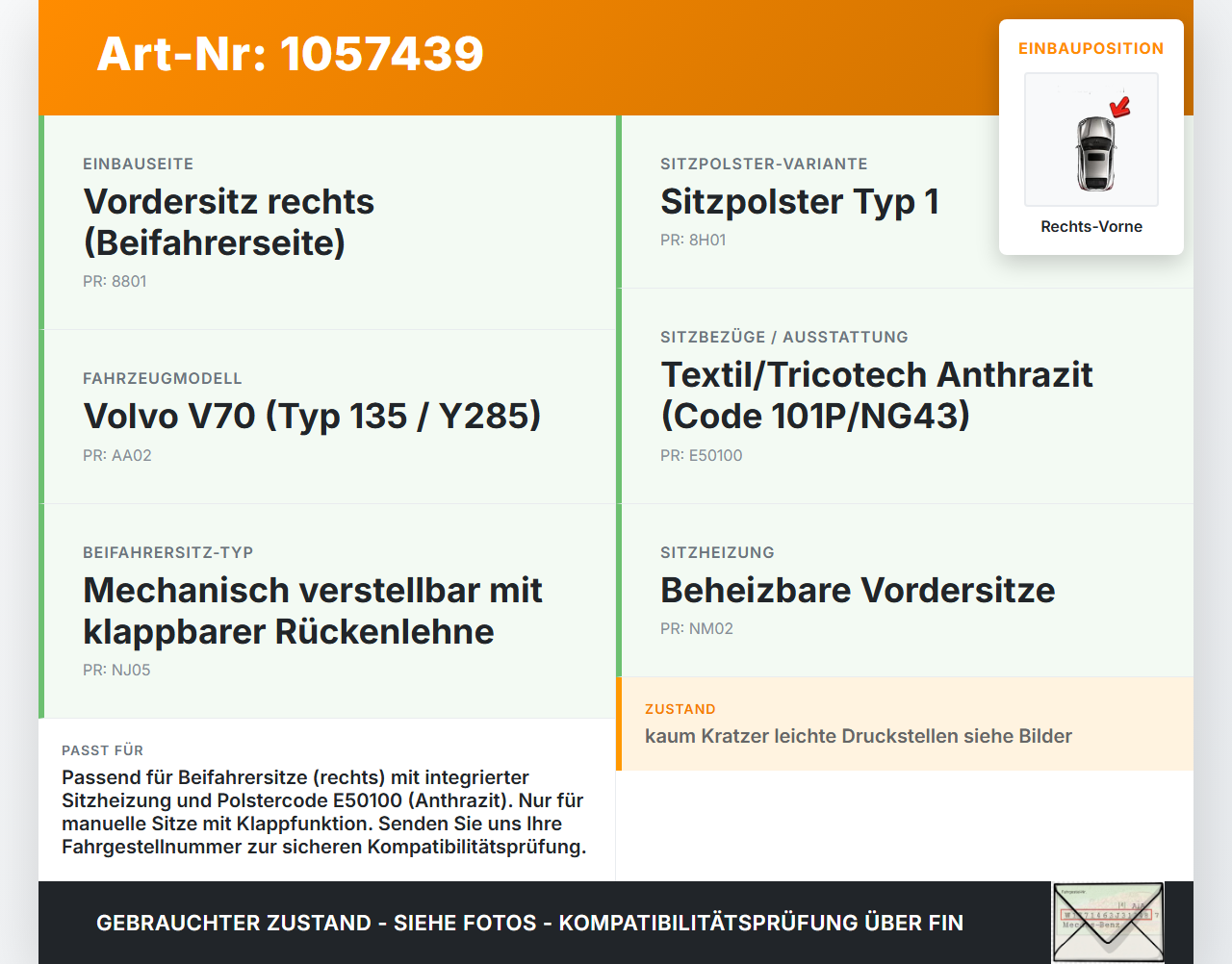Volvo V70 135 07-13 Kombi Sitzpolster für Beifahrersitz Rechts Vorne beheizt Volvo V70 135 07-13 17.06.2010... Vorschau 3