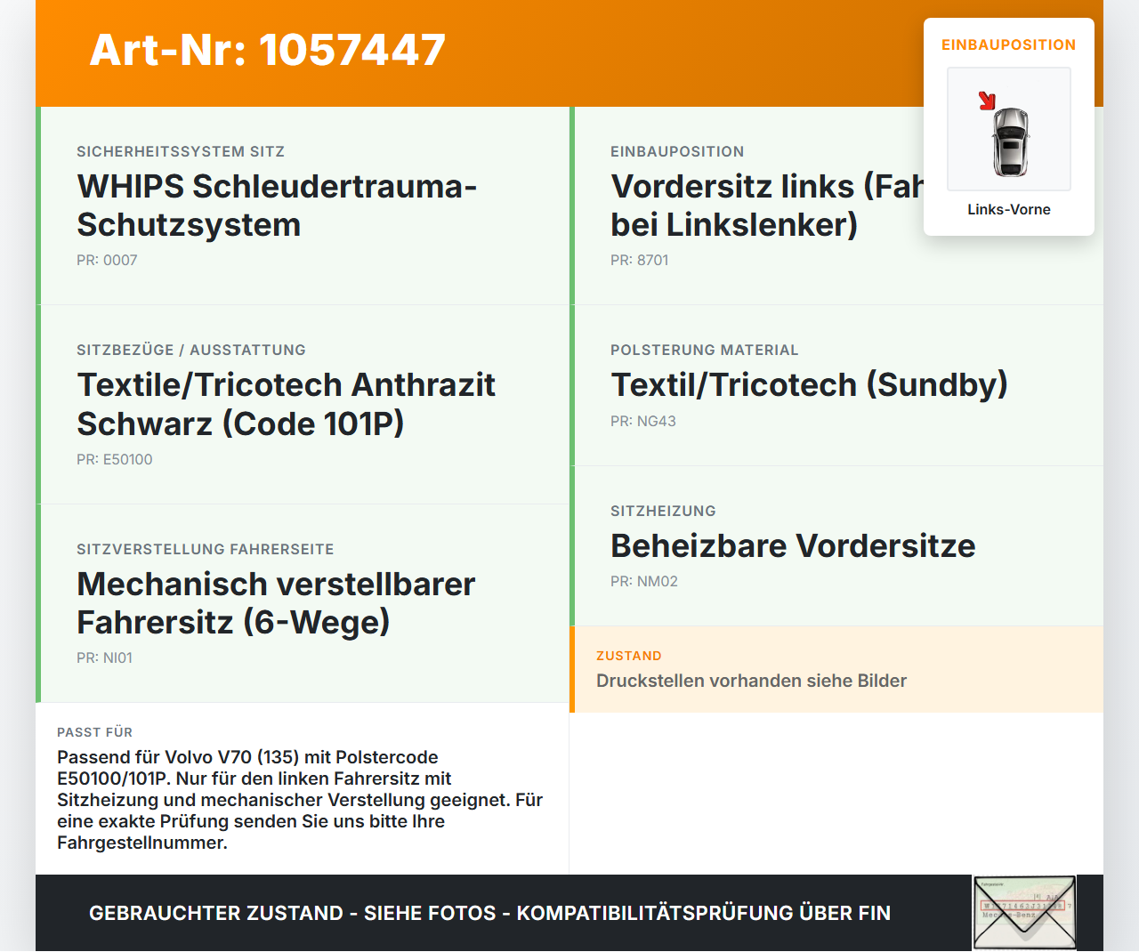 Volvo V70 135 07-13 Kombi Sitzbezug Rückenpolster Links Vorne für Fahrer Sitz beheizt Volvo V70 135 07-13... Vorschau 3
