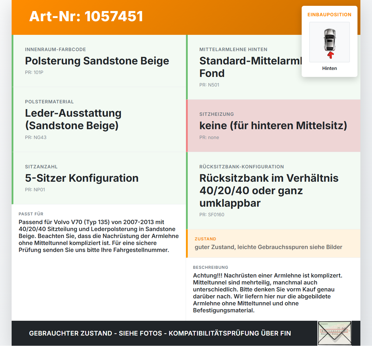 Volvo V70 135 07-13 Mittlerer Sitz für Rücksitzbank Hinten Leder Sandstone Beige Volvo V70 135 07-13 17.06.2010... Vorschau 3