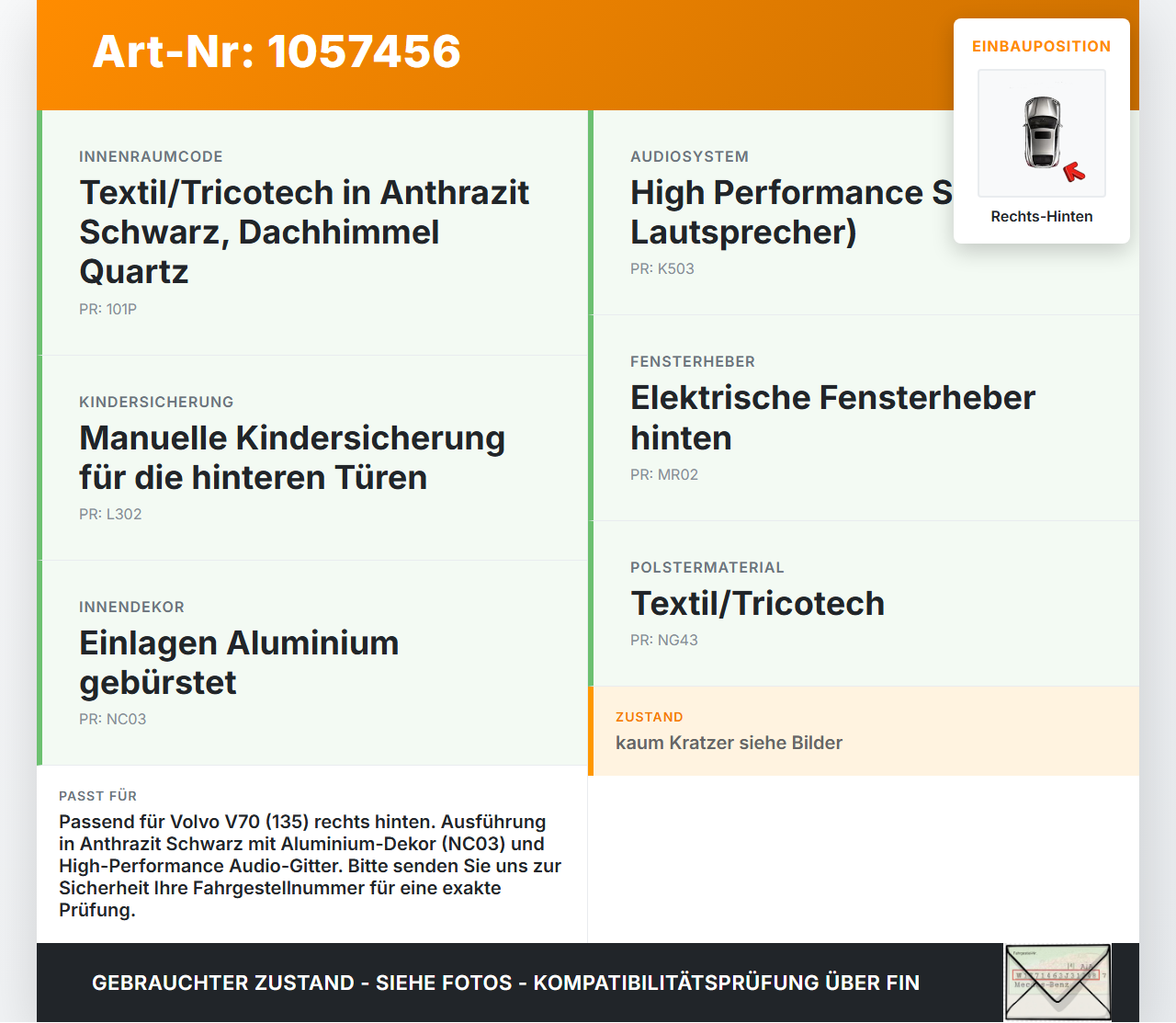 Volvo V70 135 07-13 Kombi Türverkleidung Türpappe Rechts Hinten Volvo V70 135 07-13 17.06.2010 gebraucht Vorschau 3