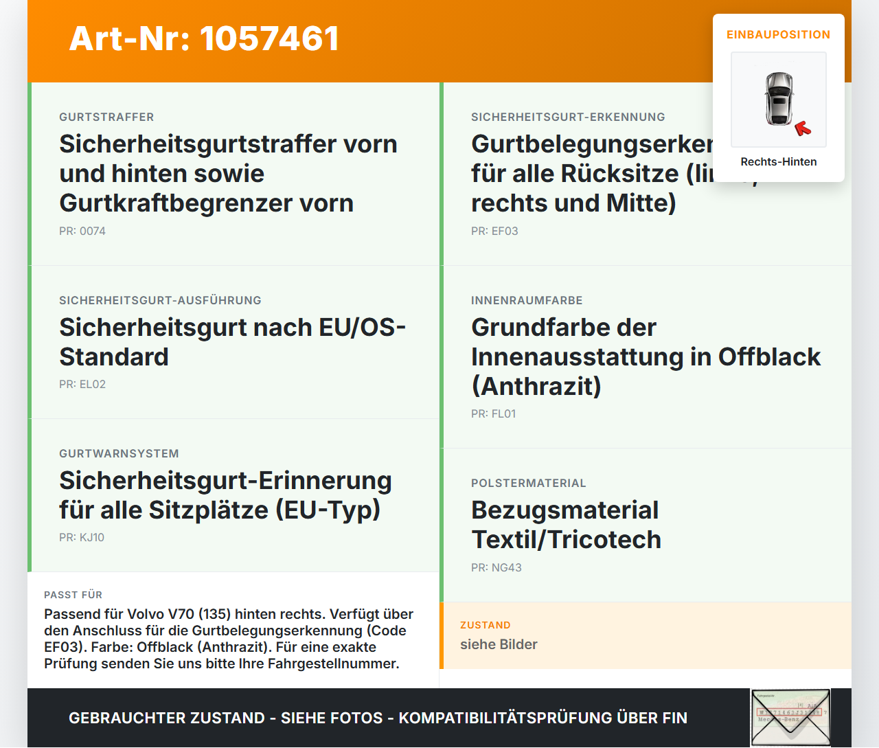 Volvo V70 135 07-13 Kombi Gurtschloss Rechts Hinten Volvo V70 135 07-13 17.06.2010 gebraucht Vorschau 3