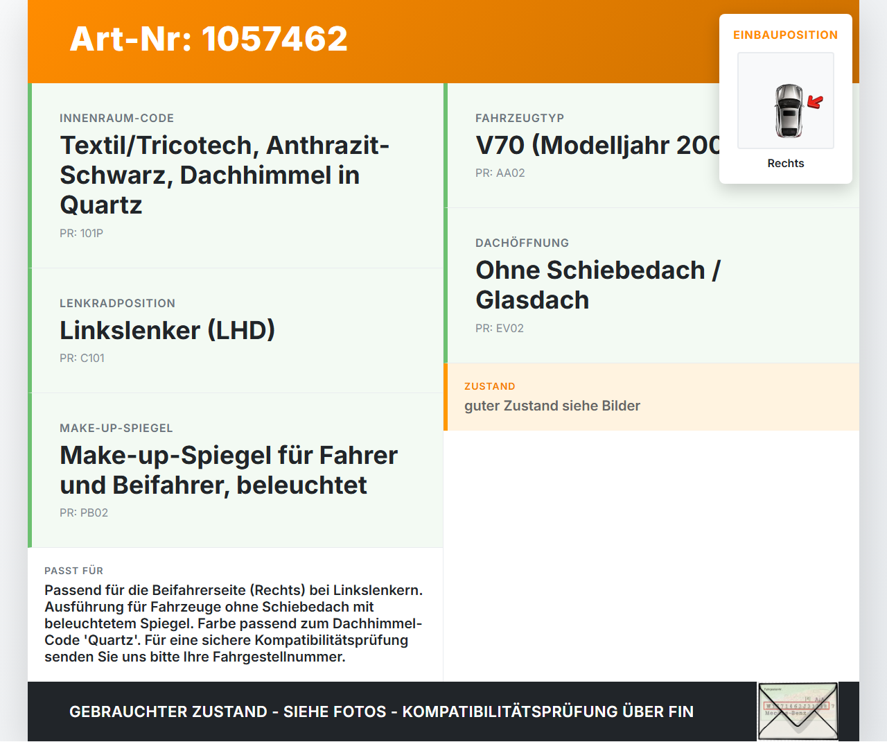 Volvo V70 135 07-13 Sonnenblende Rechts für Beifahrer Volvo V70 135 07-13 17.06.2010 gebraucht Vorschau 3
