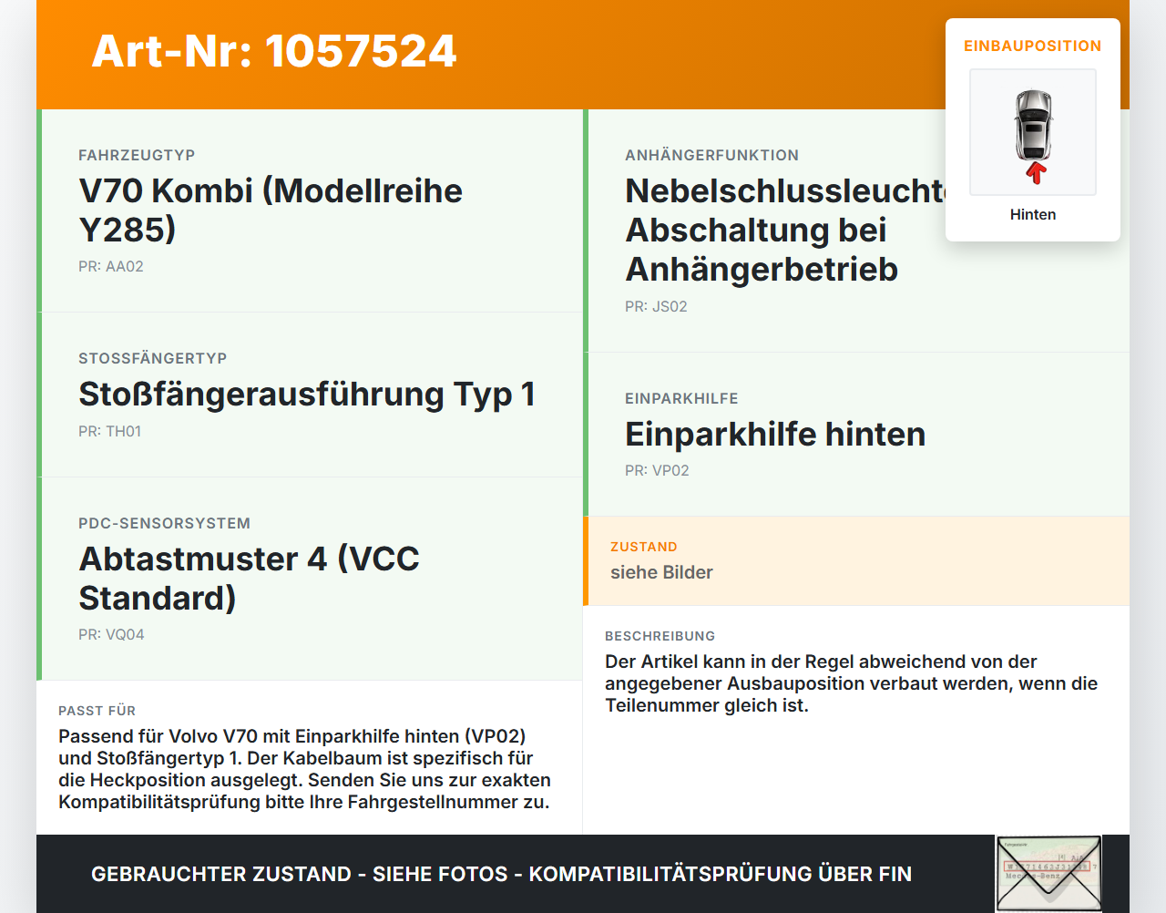 Volvo V70 135 07-13 PDC Kabelbaum Pos.1 Hinten Volvo V70 135 07-13 17.06.2010 gebraucht Vorschau 3