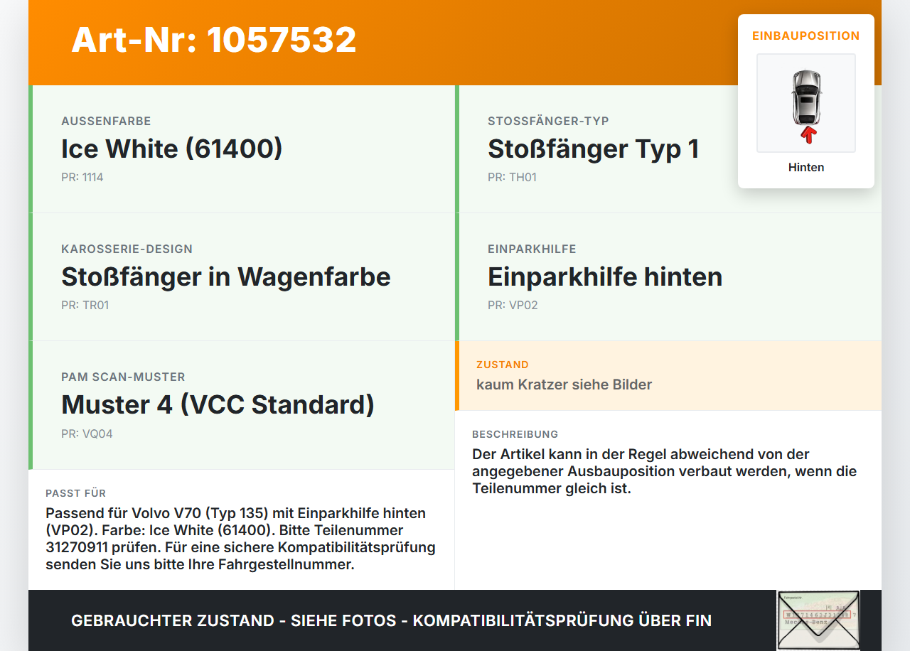 Volvo V70 135 07-13 Abstands Sensor Parksensor PDC Hinten 61400 Volvo V70 135 07-13 17.06.2010 31270911... Vorschau 3