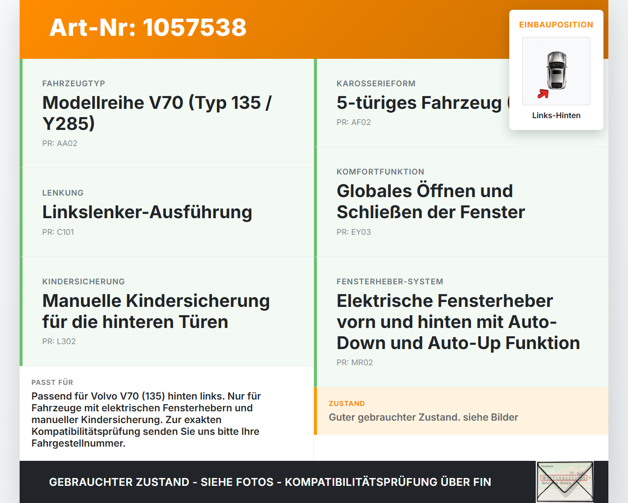 Volvo V70 135 07-13 Kombi Fensterheber o. FH-Motor Türplatte Hinten Links Volvo V70 135 07-13 17.06.2010... Vorschau 3