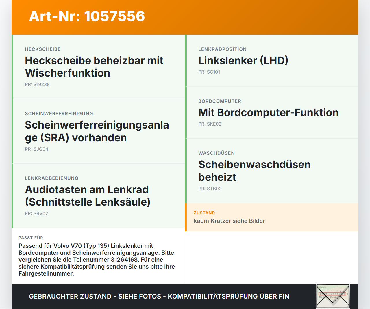 Volvo V70 135 07-13 Lenkstockschalter Wischerschalter Wischer Volvo V70 135 07-13 17.06.2010 31264168 gebraucht Vorschau 3