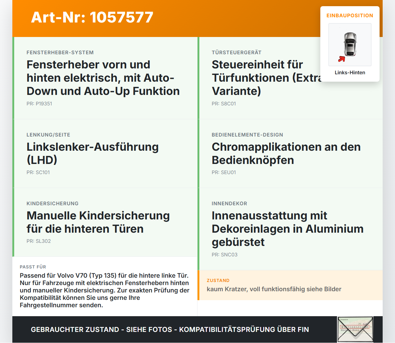 Volvo V70 135 07-13 Kombi Fensterheberschalter Schalter Links Hinten Volvo V70 135 07-13 17.06.2010 31272006 10W083... Vorschau 3