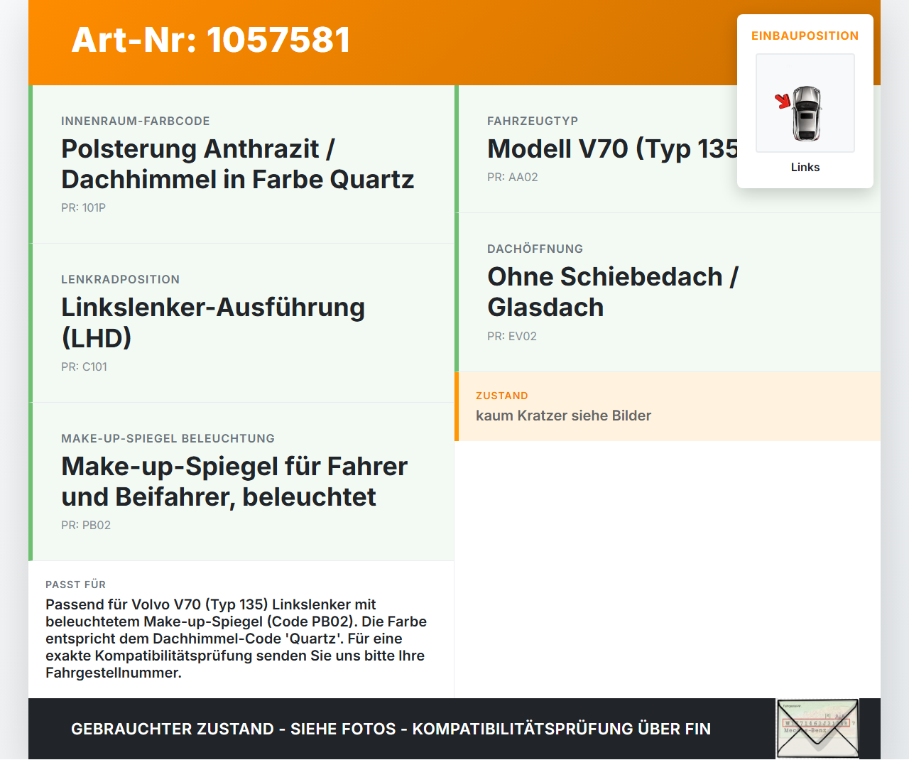 Volvo V70 135 07-13 Sonnenblende Links für Fahrer Volvo V70 135 07-13 17.06.2010 gebraucht Vorschau 3
