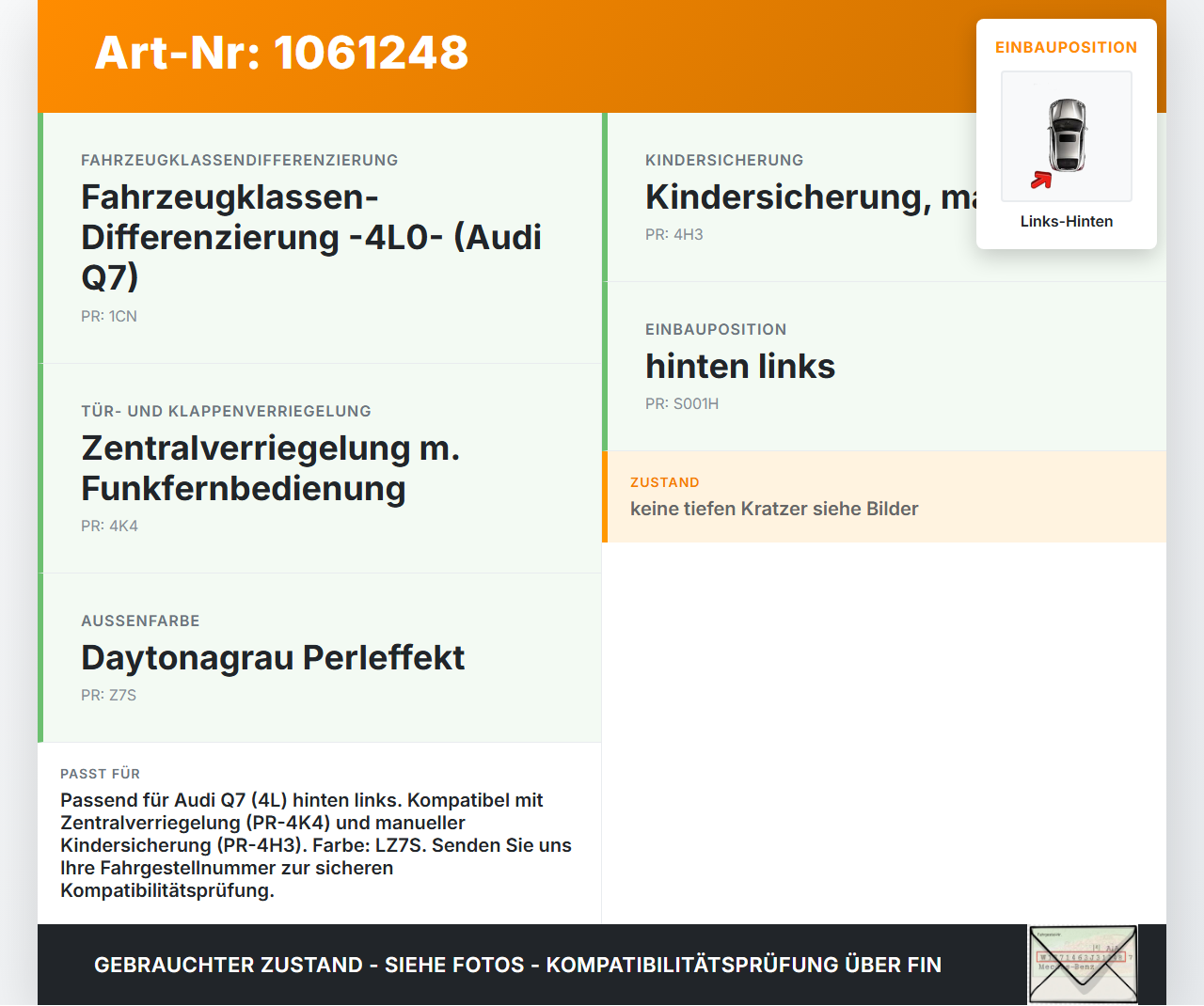 Audi Q7 4L 05-09 Türgriff Griff aussen Links Hinten LZ7S Audi Q7 4L 05-09 26.06.2007 4L0839885H gebraucht Vorschau 3