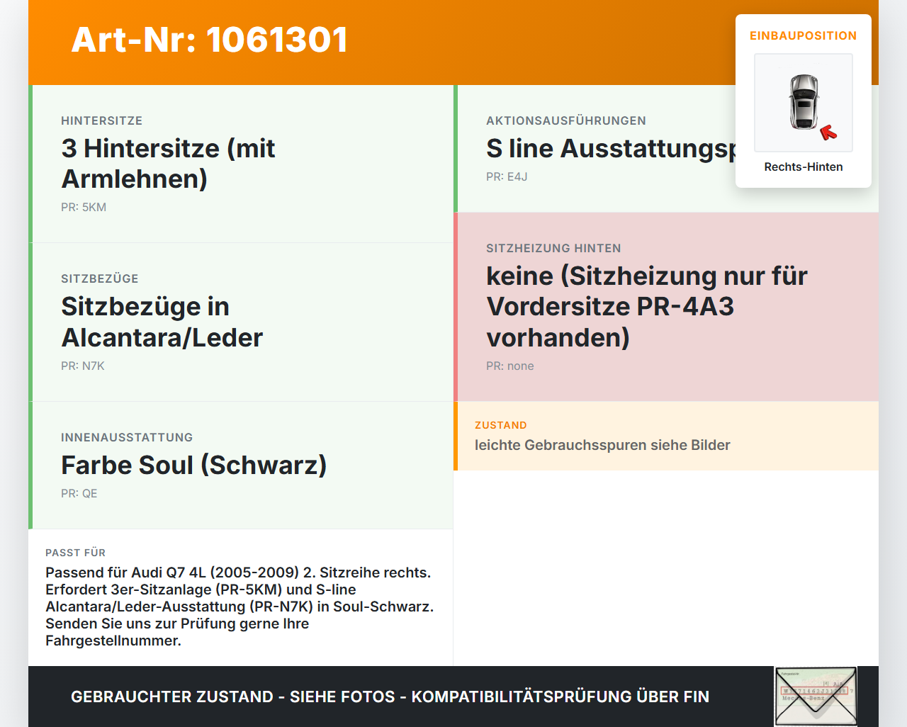 Audi Q7 4L 05-09 Sitzbezug Sitzpolster Rechts für Rücksitzbank Hinten Audi Q7 4L 05-09 26.06.2007 4L0883406C gebraucht Vorschau 3