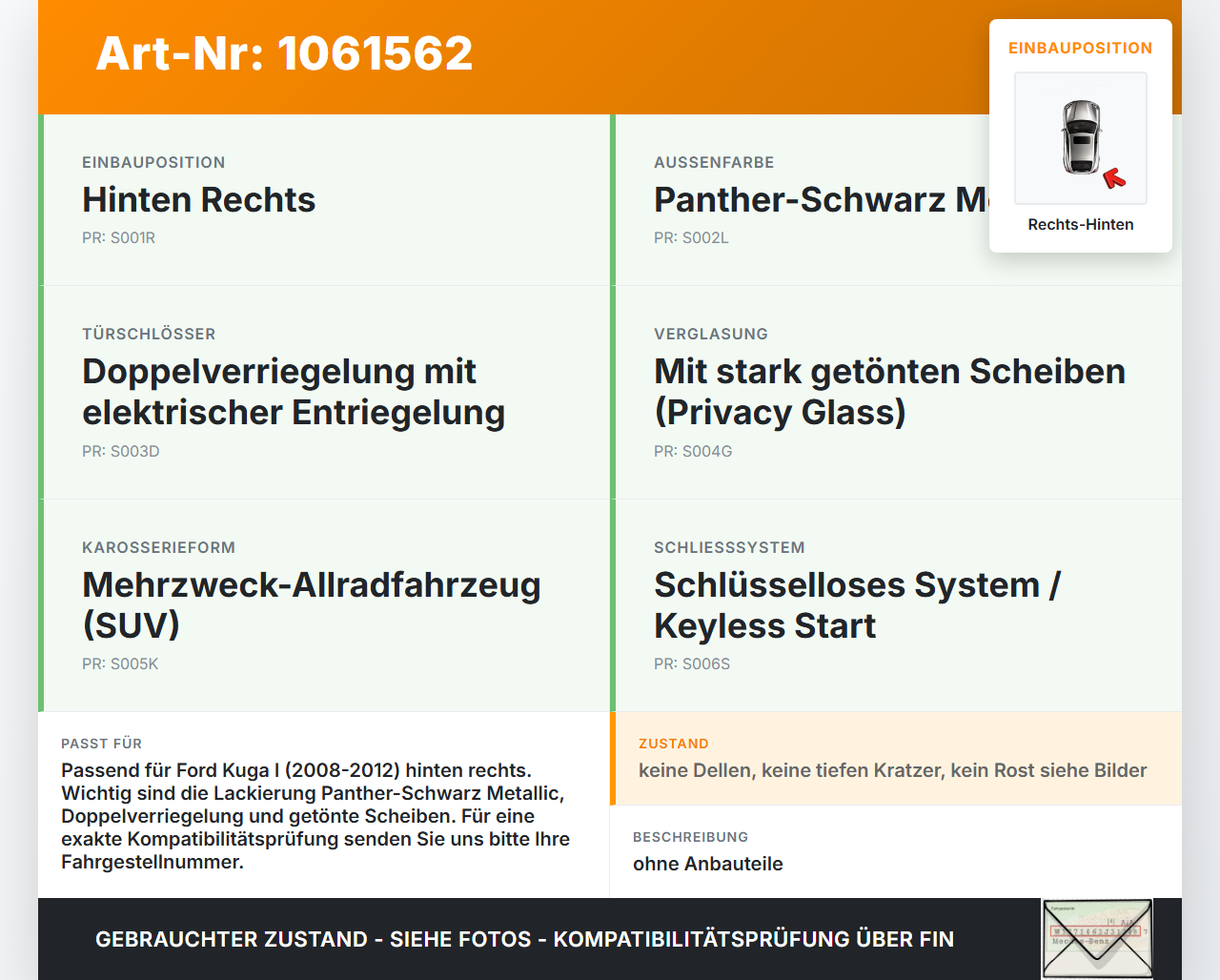 Ford Kuga I 08-12 Tür Rechts Hinten F8 Ford Kuga I 08-12 05.11.2010 P8V41-S24630-AA 1520944 gebraucht Vorschau 3