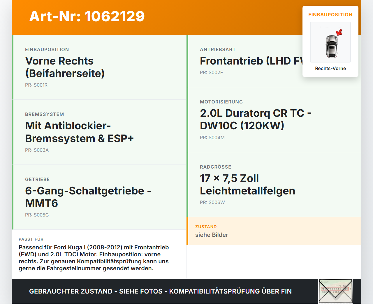 Ford Kuga I 08-12 TDCi 2,0 120KW Achsschenkel Radnabe Rechts Vorne Ford Kuga I 08-12 05.11.2010 8V41-3K170-AD... Vorschau 3