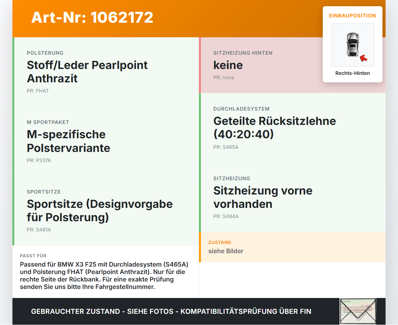 BMW X3 F25 10-14 Rückenpolster Rechts für Rücksitzbank Hinten BMW X3 F25 10-14 24.01.2013 7235440 52207235440 gebraucht Vorschau 3