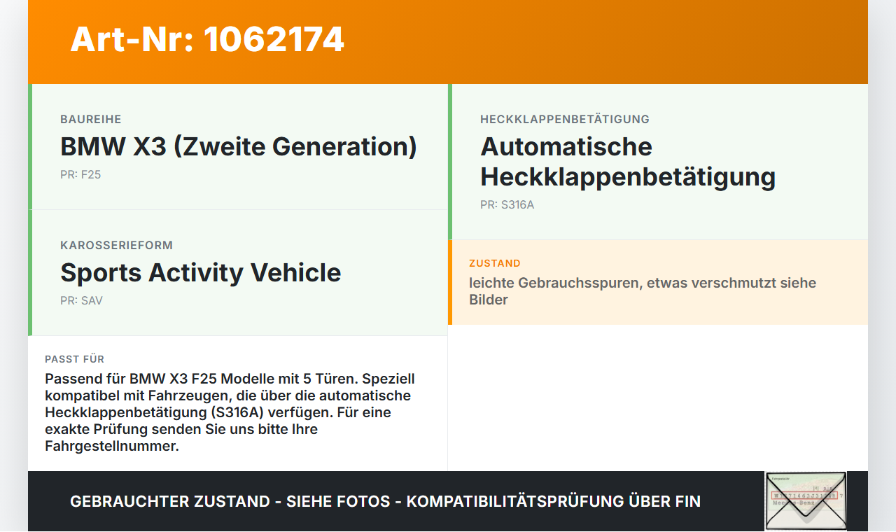 BMW X3 F25 10-14 Dichtung Rahmen für Heckklappe Kofferraum BMW X3 F25 10-14 24.01.2013 5176-7301846 7301846 gebraucht Vorschau 3