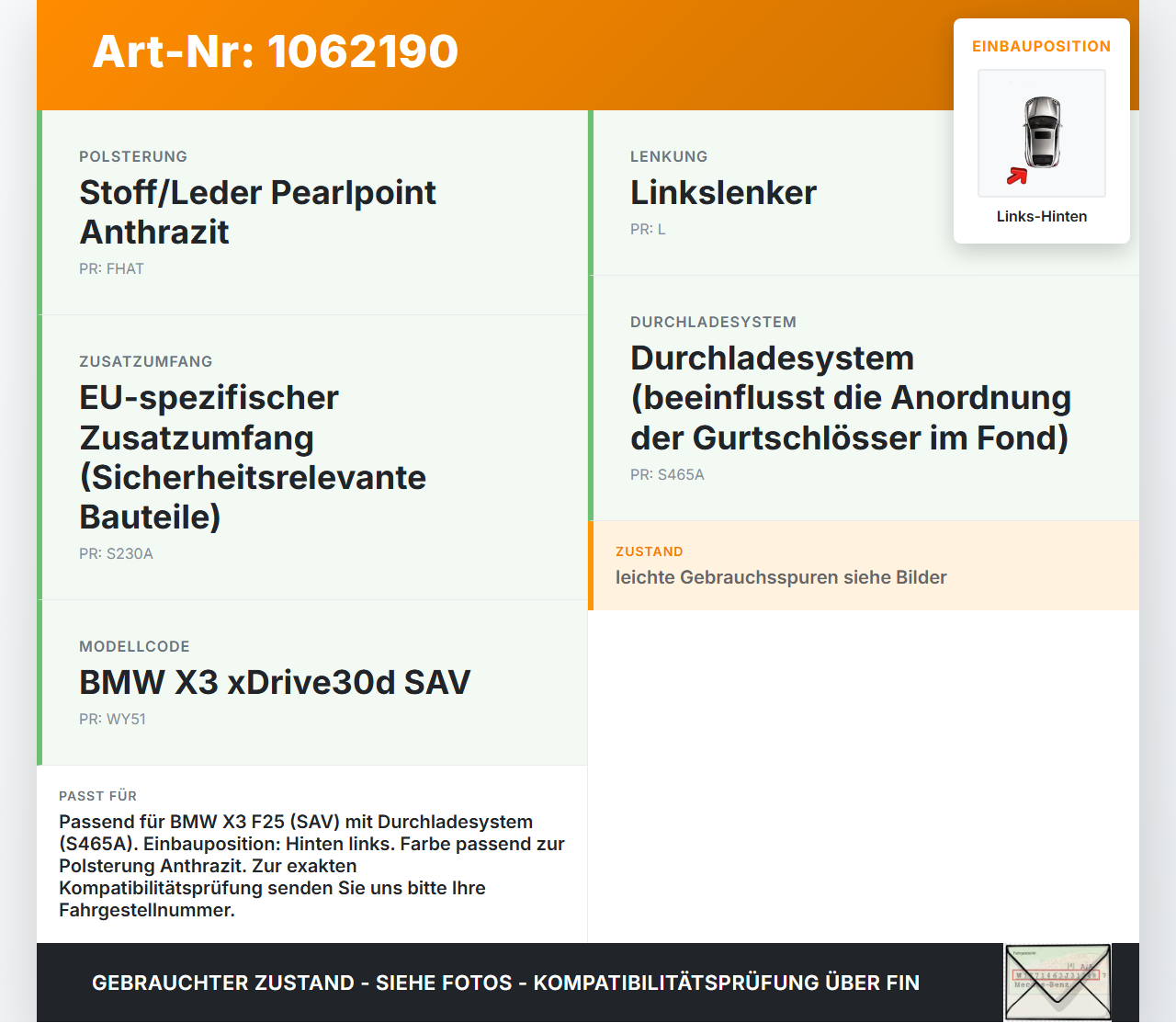 BMW X3 F25 10-14 Gurtschloss Links Hinten BMW X3 F25 10-14 24.01.2013 7235455 72117235455 7235455-03 433123R gebraucht Vorschau 3