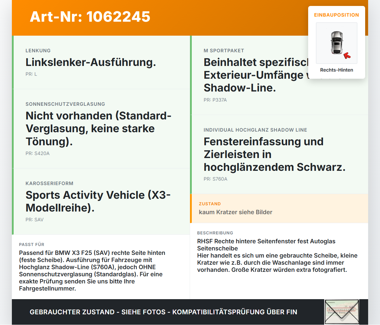 BMW X3 F25 10-14 Seitenscheibe Feste Scheibe Rechts Hinten BMW X3 F25 10-14 24.01.2013 7205660 51377205660... Vorschau 3