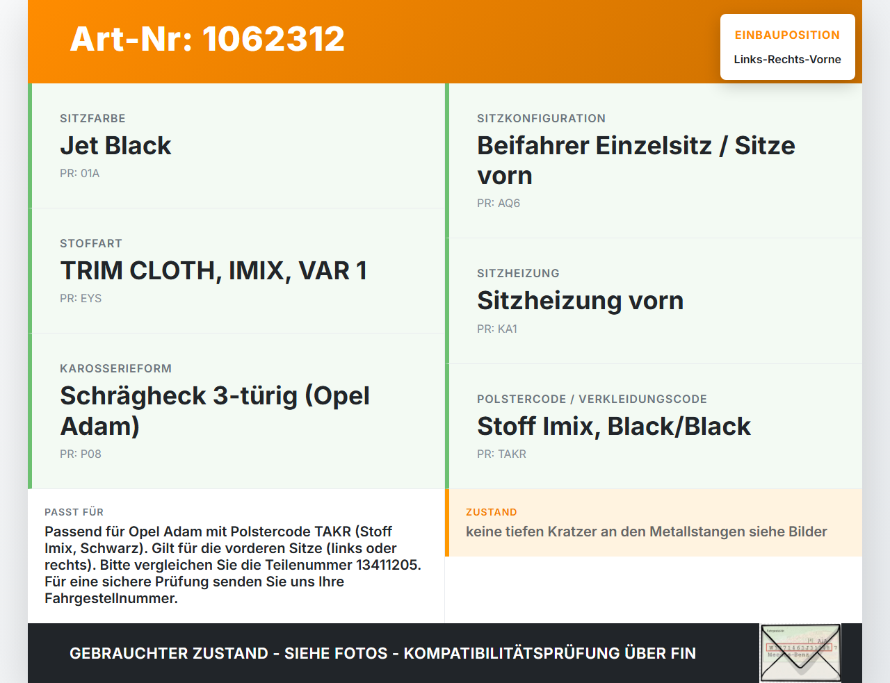 Opel Adam M13 12-19 Kopfstütze für Fahrer Sitz Rechts oder Links Vorne Opel Adam M13 12-19 04.10.2013 13411205 gebraucht Vorschau 3