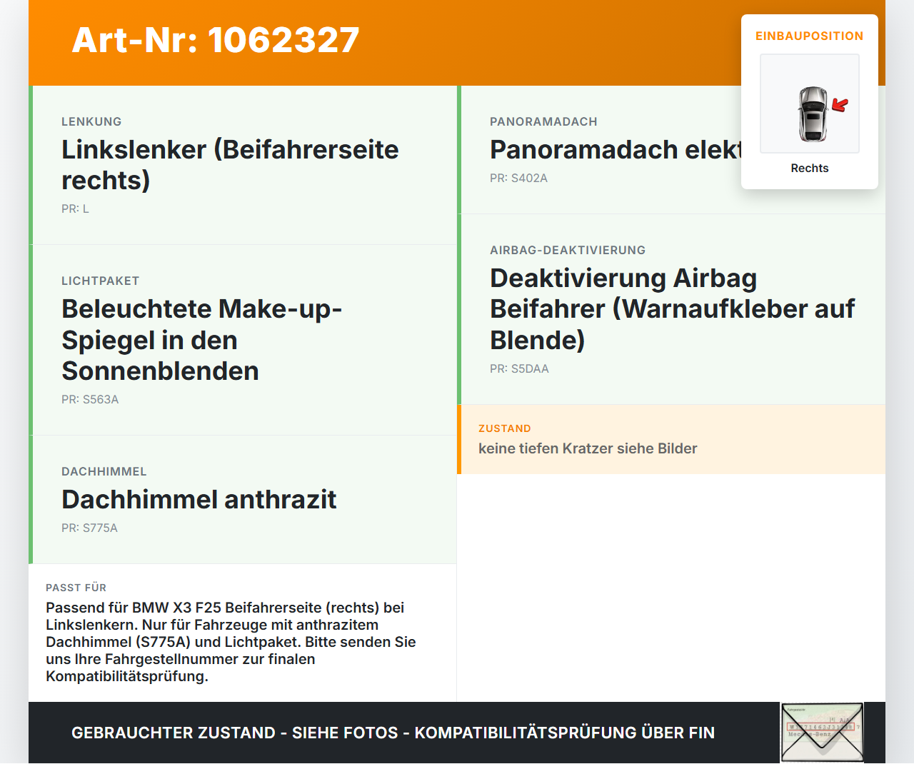 BMW X3 F25 10-14 Sonnenblende Rechts für Beifahrer BMW X3 F25 10-14 24.01.2013 7403562 51167403562 gebraucht Vorschau 3