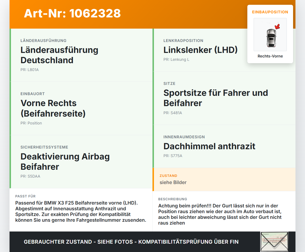 BMW X3 F25 10-14 Gurt Sicherheitsgurt Rechts Vorne BMW X3 F25 10-14 24.01.2013 7258432 72117258432 306961399001-AD... Vorschau 3