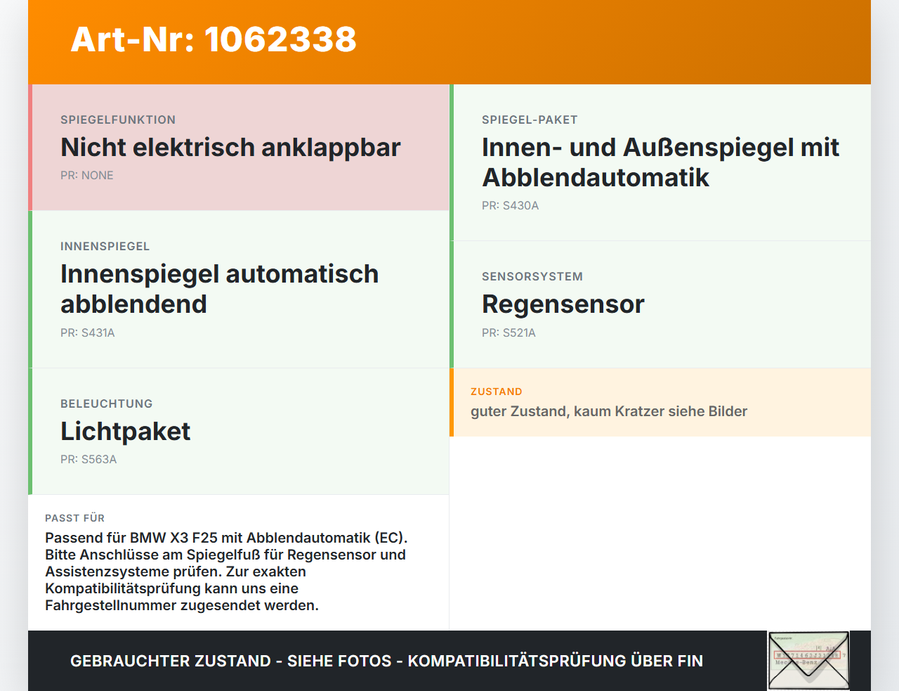 BMW X3 F25 10-14 Innenspiegel Rückspiegel Spiegel Innen BMW X3 F25 10-14 24.01.2013 9274266 51169274266 9256137-03... Vorschau 3
