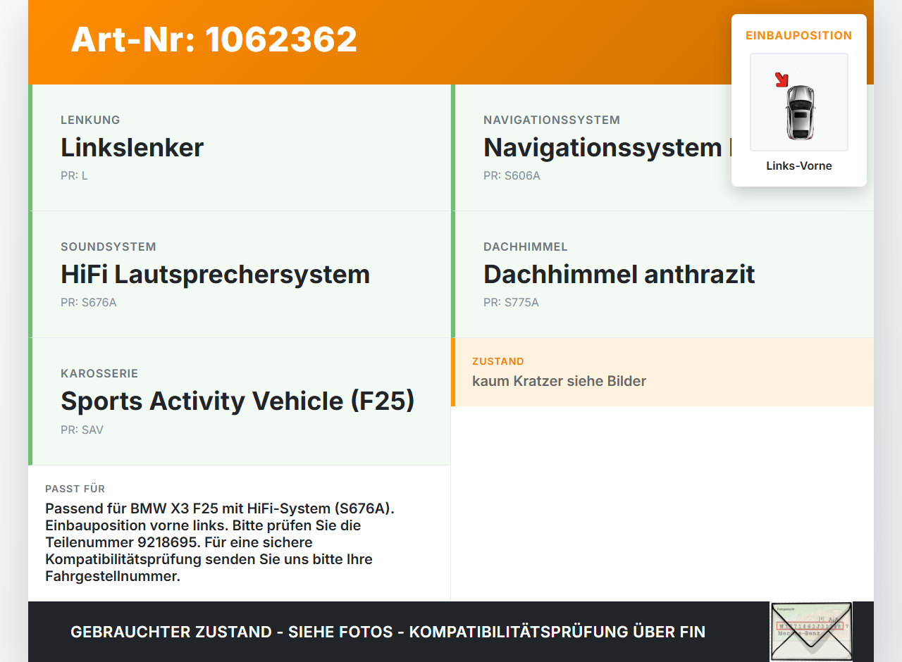 BMW X3 F25 10-14 Lautsprecher Links Vorne BMW X3 F25 10-14 24.01.2013 65139218695 9218695 65.13-9218695-01 gebraucht Vorschau 3