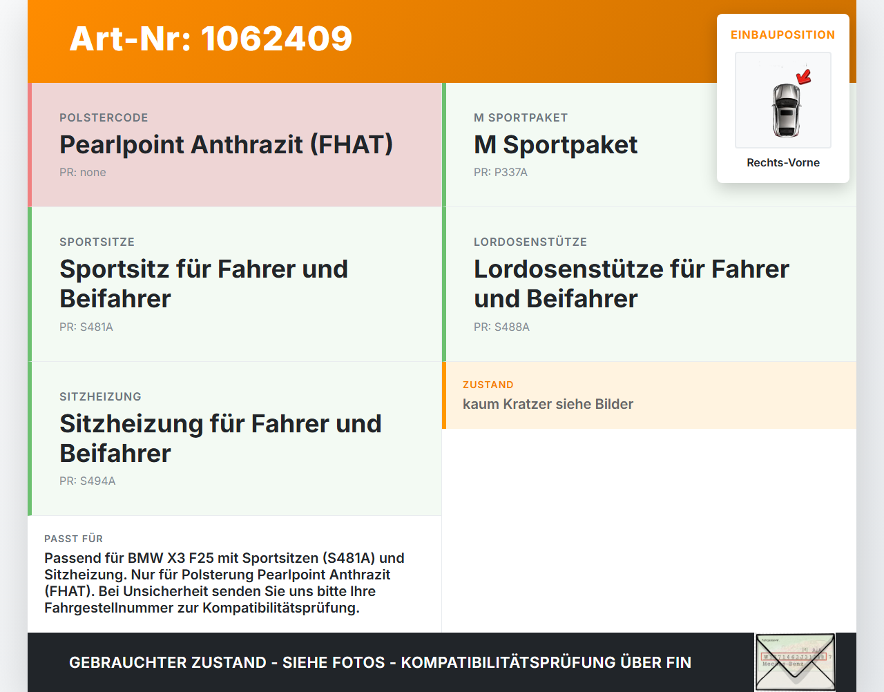 BMW X3 F25 10-14 3,0 190KW Sitzkelhenkissen für Beifahrer Sitz Rechts Vorne beheizt BMW X3 F25 10-14 24.01.2013... Vorschau 3