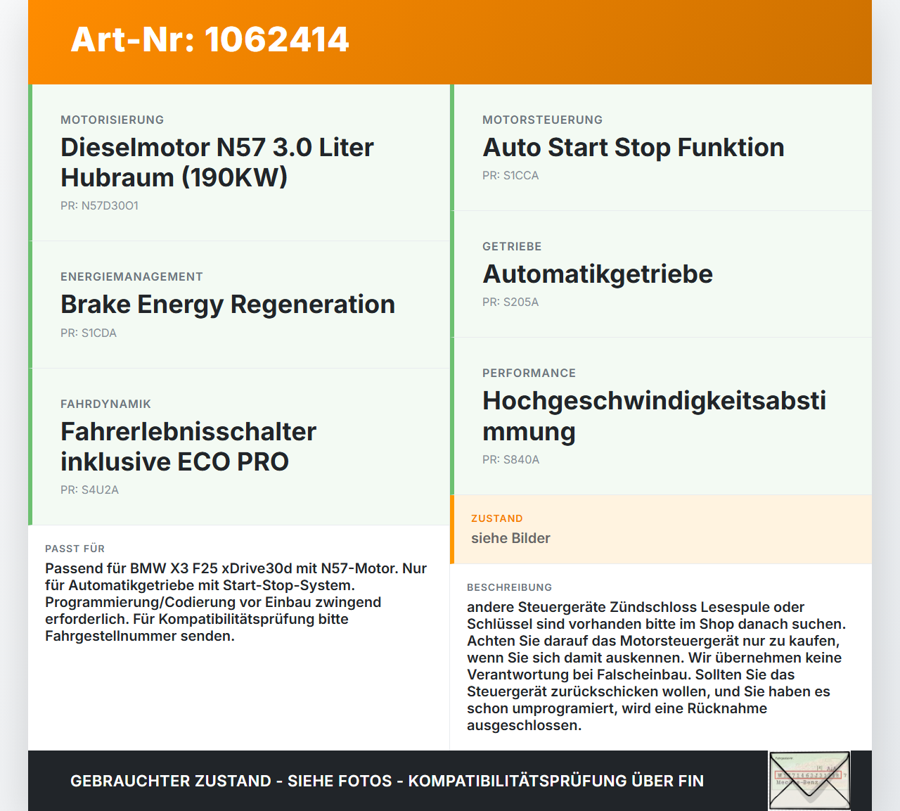 BMW X3 F25 10-14 3,0 190KW Steuergerät ECU für Motor Motorsteuergerät BMW X3 F25 10-14 24.01.2013 8573773... Vorschau 3