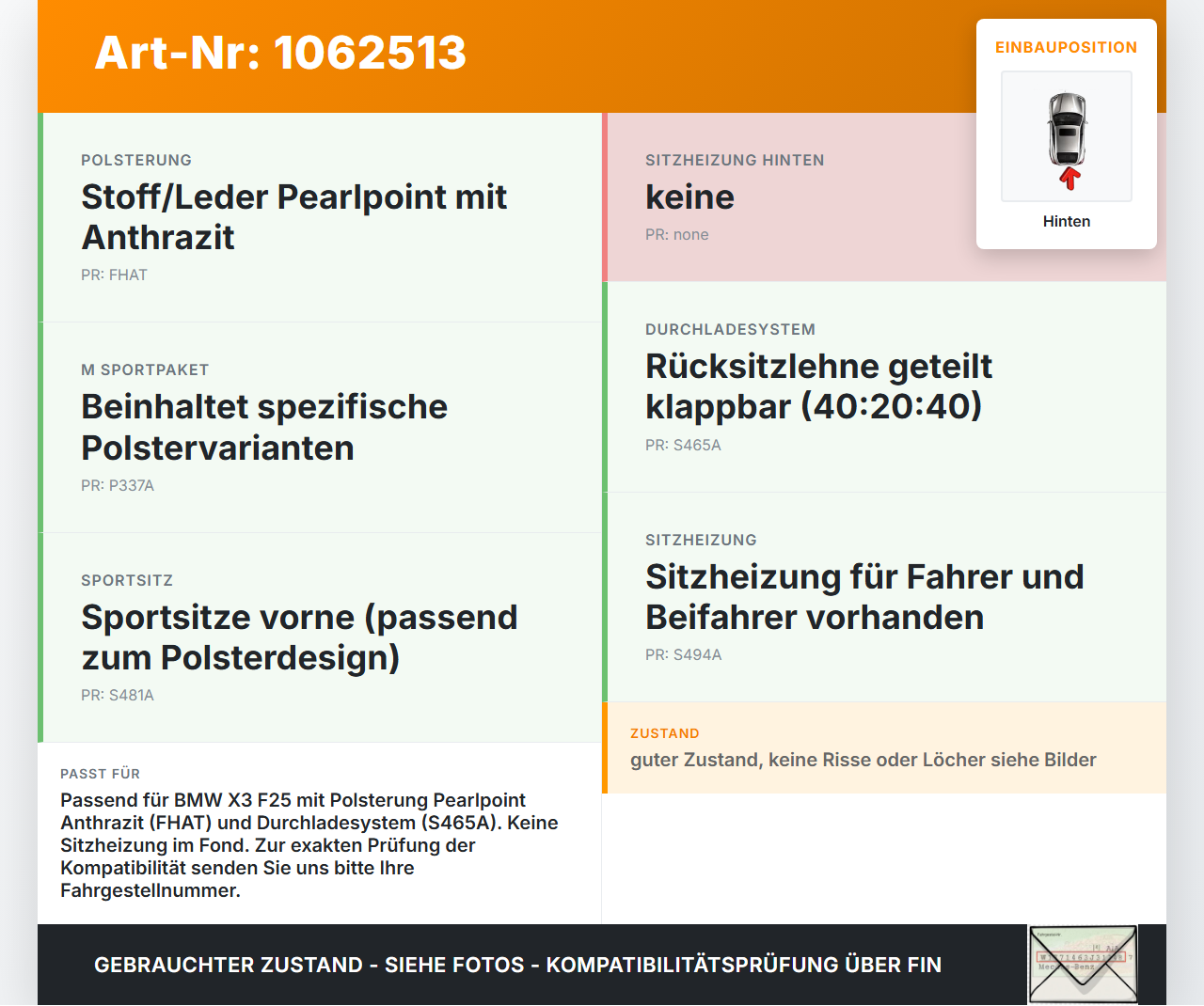 BMW X3 F25 10-14 Sitzpolster für Rücksitzbank Hinten BMW X3 F25 10-14 24.01.2013 7256746 52207256746 7233431... Vorschau 3