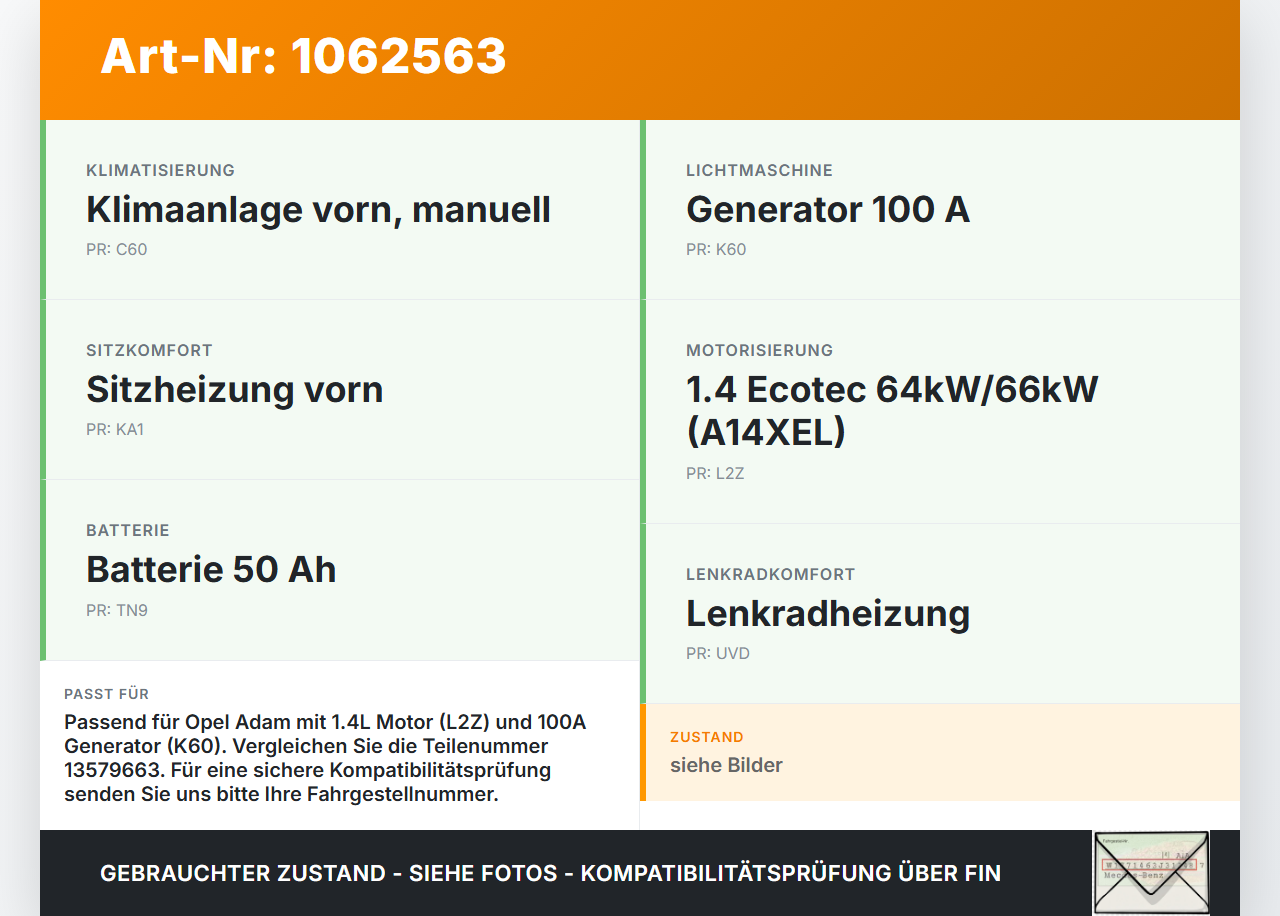 Opel Adam M13 12-19 1,4 64KW Lichtmaschine Generator 14V 100A Opel Adam M13 12-19 04.10.2013 13579663 gebraucht Vorschau 3